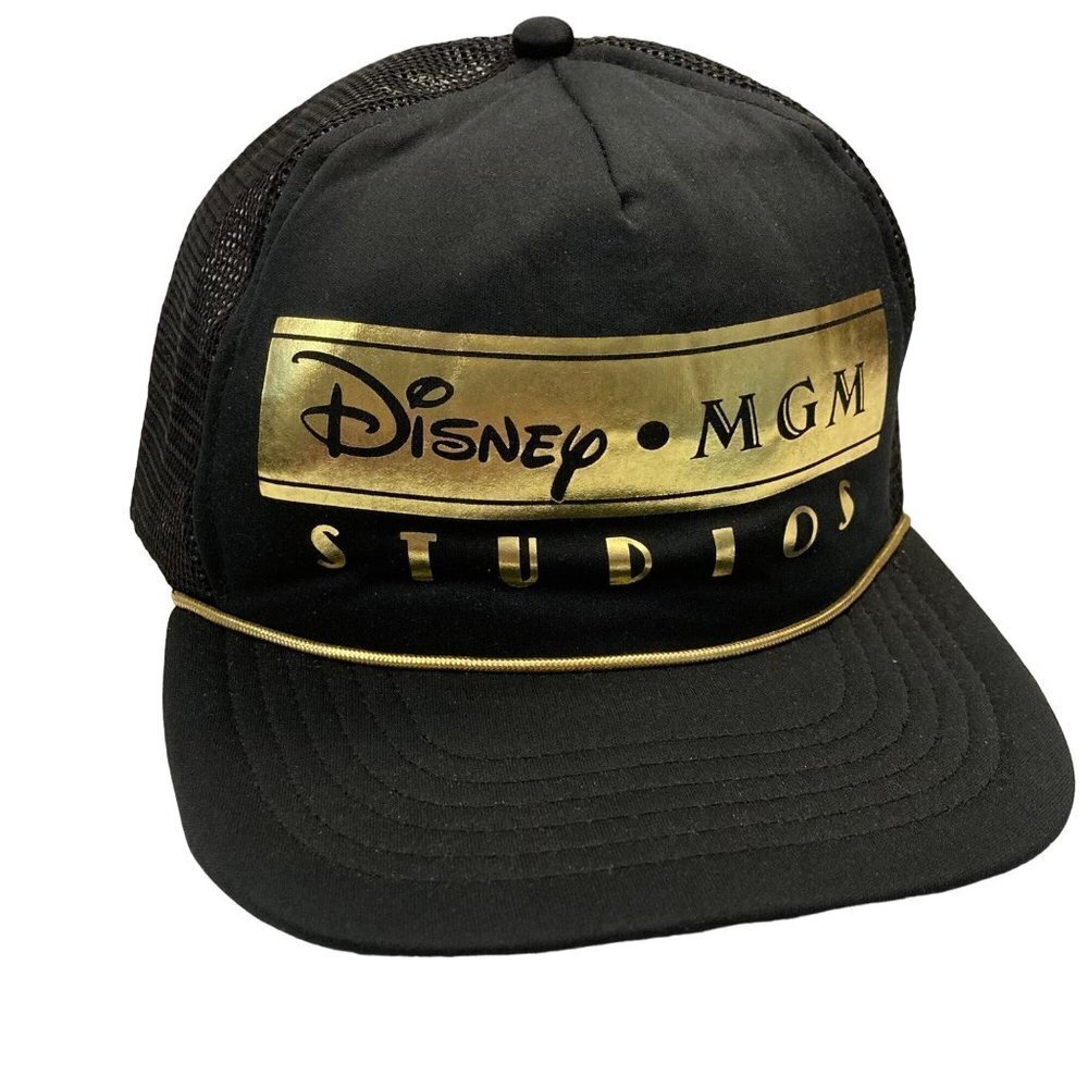 Disney MGM Studios Cap Rare Vintage Trucker Hat Black Gold Snapback USA NICE‎